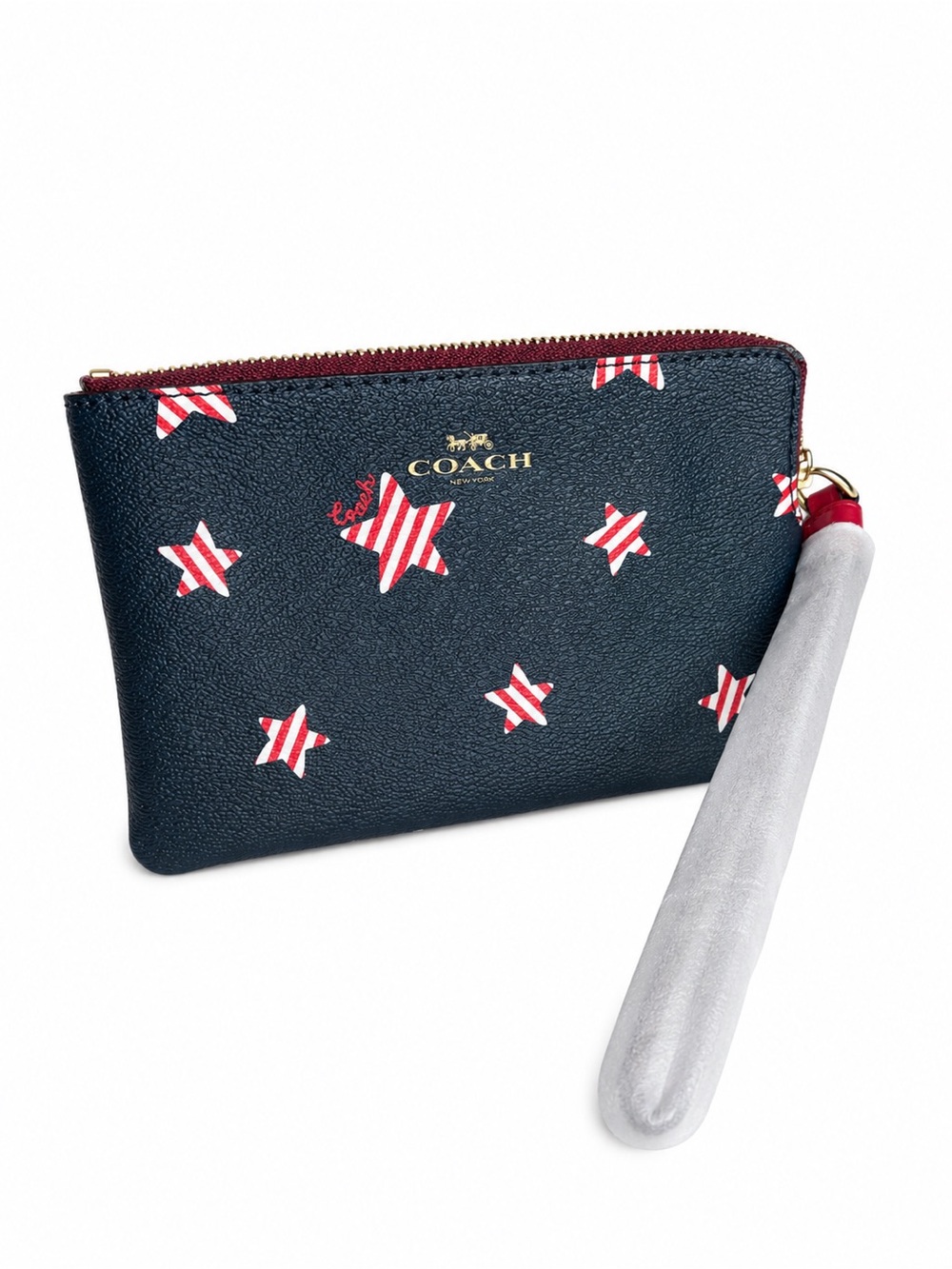 NWT Coach Patriotic Star Print Wristlet Navy Red White Zip Pouch w/ Packaging - Picture 2 of 6